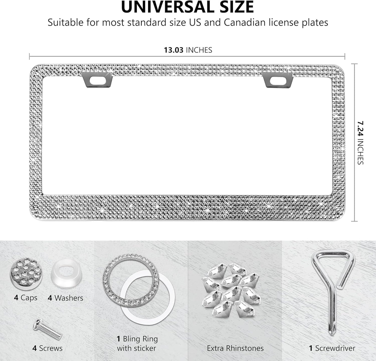 2 Pack Silver Bling License Plate Frames for Women - Stainless Steel with Diamond Sparkly Rhinestone License Plate Holder - Perfect Birthday for Auto Lovers