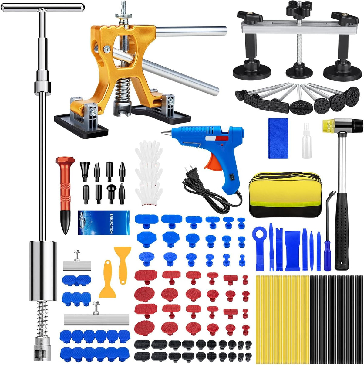 134PCS Dent Puller, Paintless Dent Removal Kit – All-in-One Car Dent Puller Kit with Slide Hammer 2 in 1 T-Bar, Golden Lifter, Bridge Puller–Dent Repair for Hail, Dings