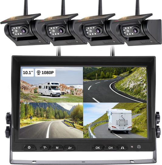 10.1" - 4 Magnetic Solar Wireless Backup Camera System, HD 1080P DVR Monitor, RV Wireless Cameras for Hitch Towing RV Camper Trailer, IR Night Vision, 4x9600mAh Rechargeable Battery, SR4
