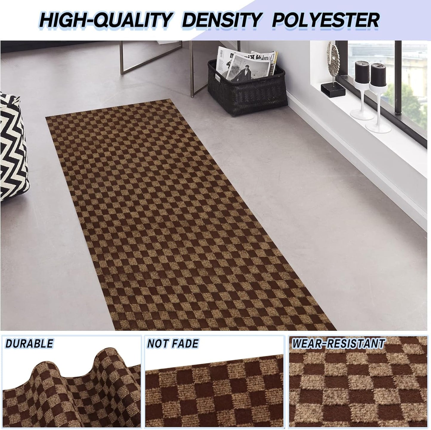Custom Size Backed Non-Slip Area Rugs Runner, Easy Clean, Waterproof Runner Rugs for Hallway Entryway, Kitchen, Laundry, 3FT x 80FT, Brown Checkered
