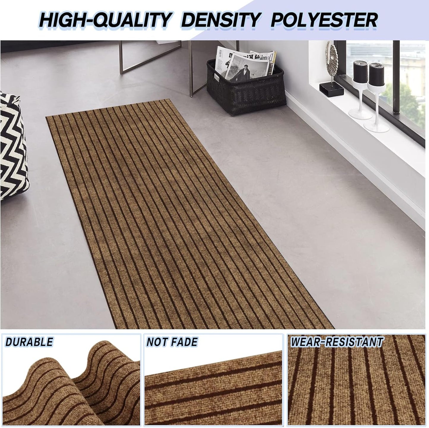 Custom Size Backed Non-Slip Area Rugs Runner, Easy Clean, Waterproof Runner Rugs for Hallway Entryway, Kitchen, Laundry, 2FT x 43FT, Brown Stripe