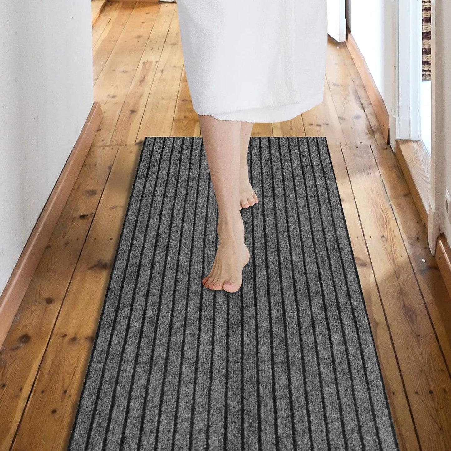 Custom Size Backed Non-Slip Area Rugs Runner, Easy Clean, Waterproof Runner Rugs for Hallway Entryway, Kitchen, Laundry, 2FT x 54FT, Gray Stripe