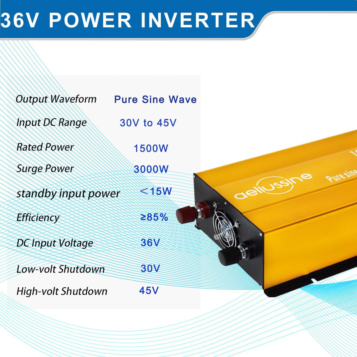 1500W Pure Sine Wave Inverter-36V DC to 110V 120V AC Power Converter with 2 AC Outlets, 36 Volt Power Inverter for Truck, Rv, Camping, Home, Emergency Power