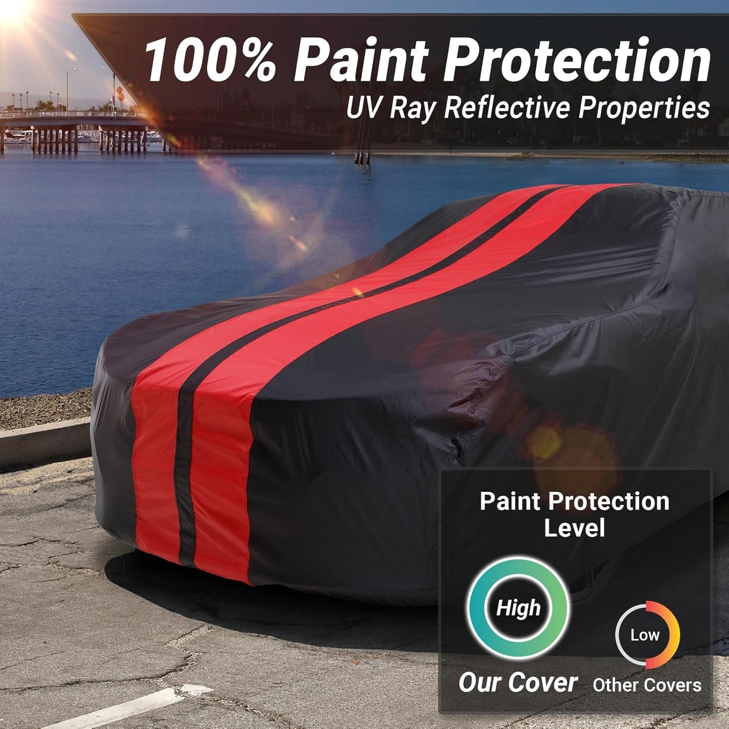 iCarCover Custom Car Cover for Pontiac Super Chief (1957-1958) Waterproof All-Weather Rain Snow UV Sun Protector Full Exterior Indoor Outdoor Car Cover (Stripe - Black/Red)