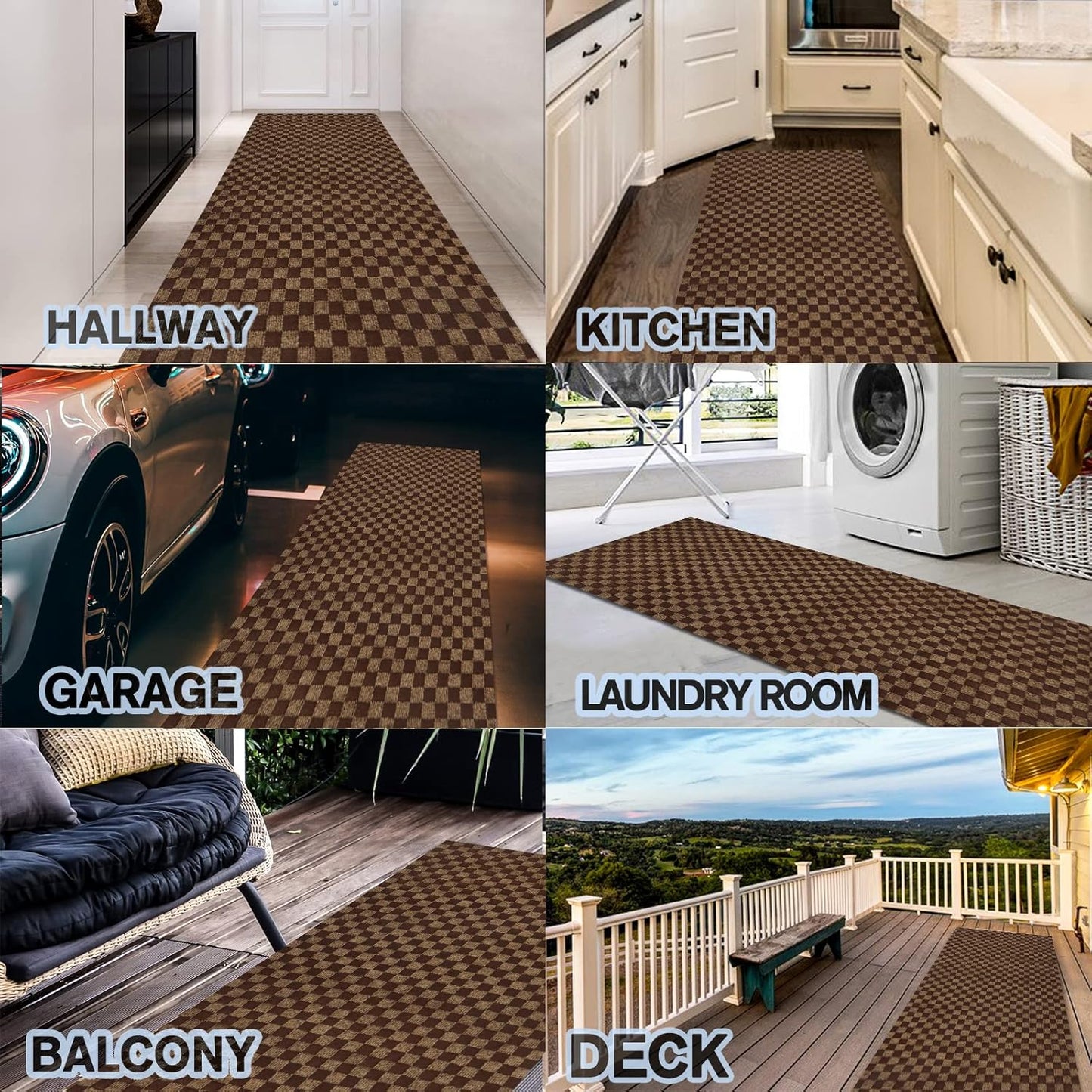 Custom Size Backed Non-Slip Area Rugs Runner, Easy Clean, Waterproof Runner Rugs for Hallway Entryway, Kitchen, Laundry, 3FT x 48FT, Brown Checkered