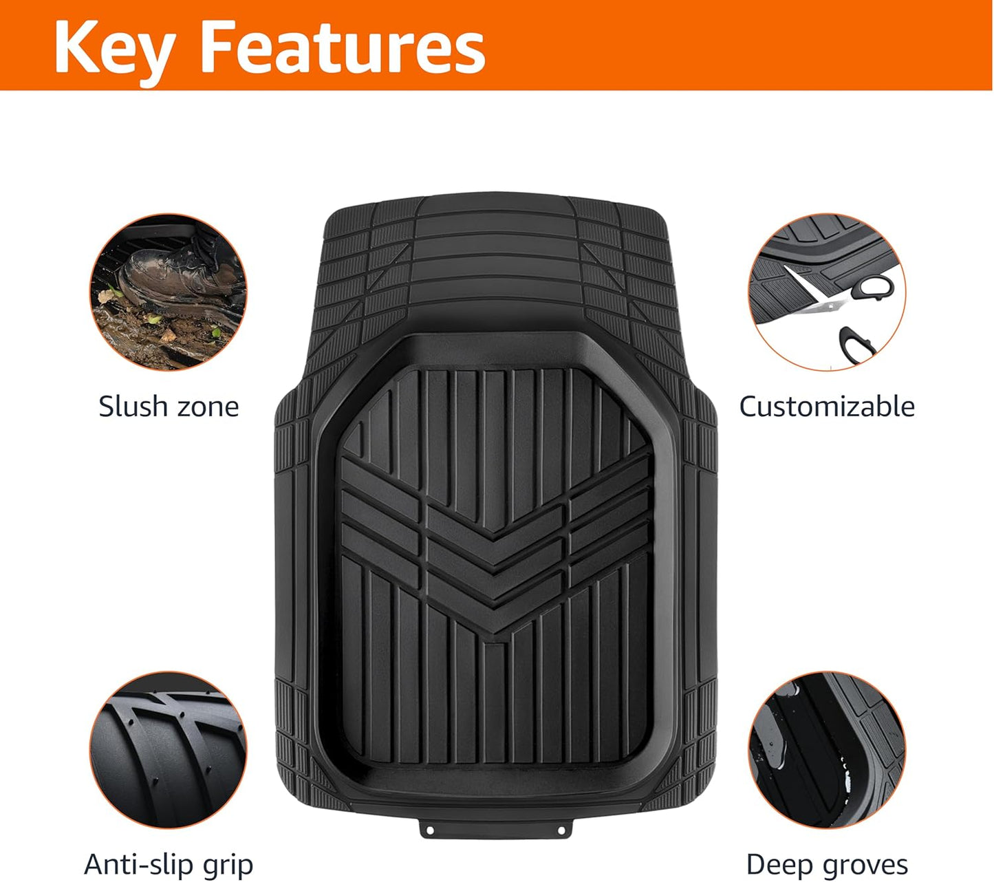 Amazon Basics 4-Piece Heavy Duty PVC Floor Mats with Cargo Liner and Rear, Waterproof Trim To Fit Car Mats, Black