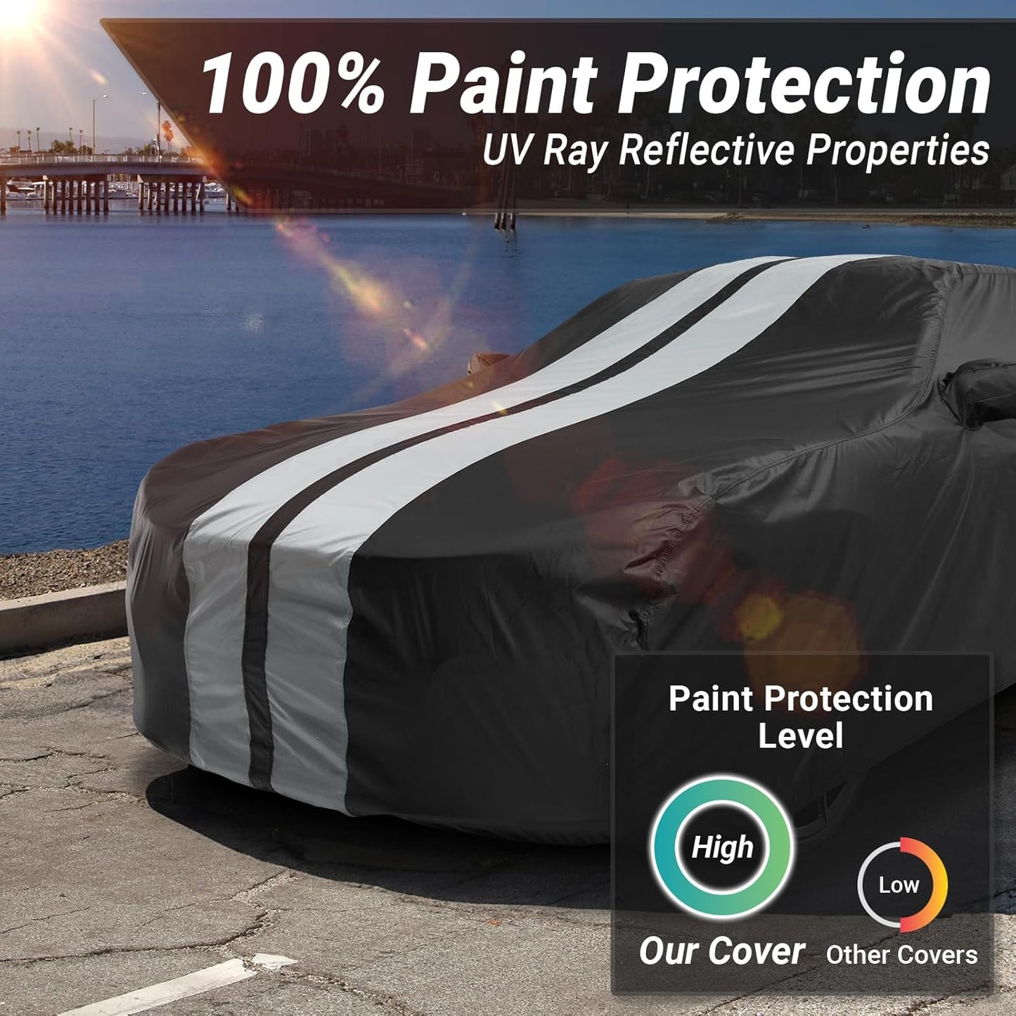 iCarCover Custom Car Cover for Pontiac Lemans Sedan (1988-1993) Waterproof All-Weather Rain Snow UV Sun Protector Full Exterior Indoor Outdoor Car Cover (Stripe - Black/Gray)