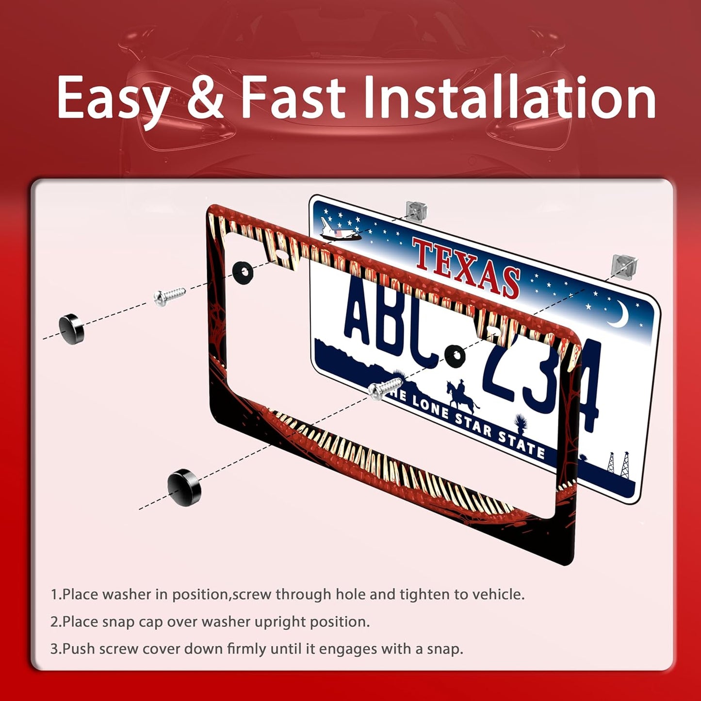Funny Bloody Teeth License Plate Frame Scary Mouth License Plate Holder Stainless Steel Accessories Cars Decor with 2 Holes and Screws Fits Standard Us Ca Vehicles License Plate Frames 12.2 X 6 Inch
