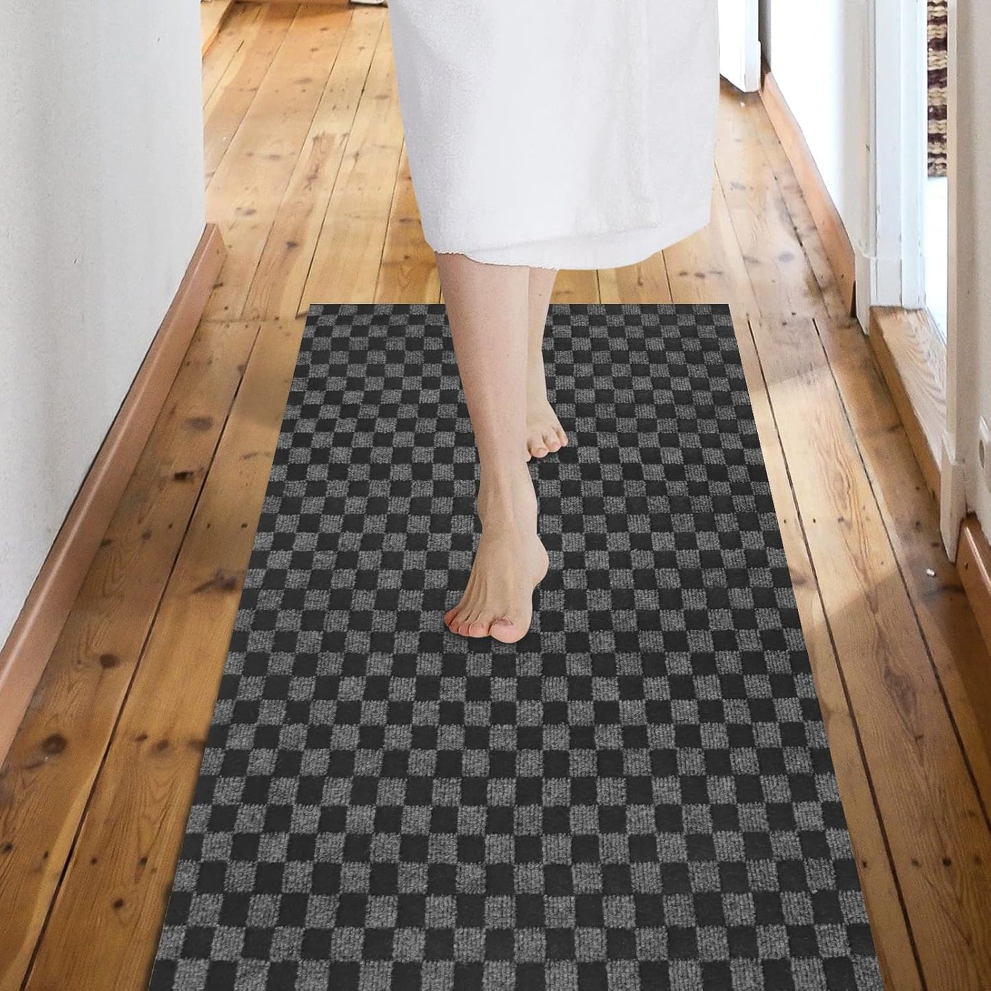 Custom Size Backed Non-Slip Area Rugs Runner, Easy Clean, Waterproof Runner Rugs for Hallway Entryway, Kitchen, Laundry, 3FT x 81FT, Gray Checkered