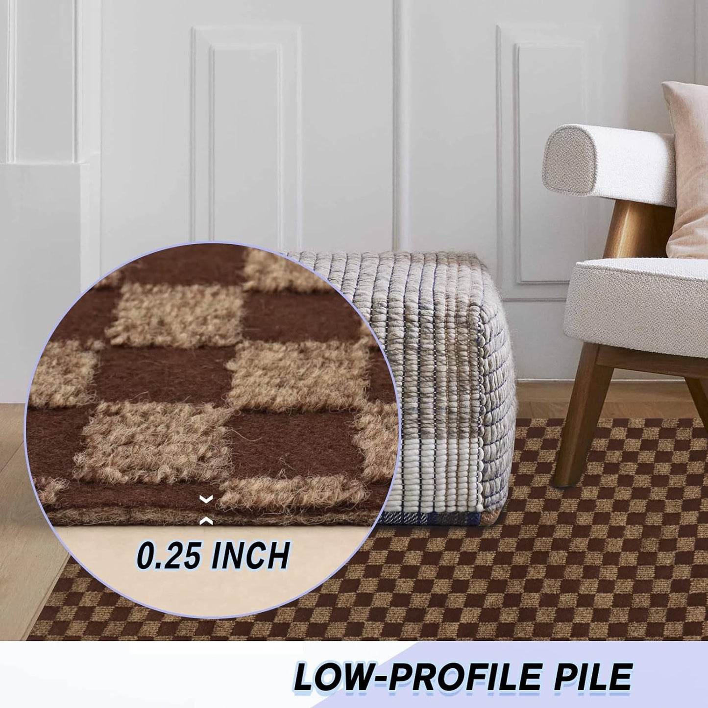 Custom Size Backed Non-Slip Area Rugs Runner, Easy Clean, Waterproof Runner Rugs for Hallway Entryway, Kitchen, Laundry, 3FT x 80FT, Brown Checkered