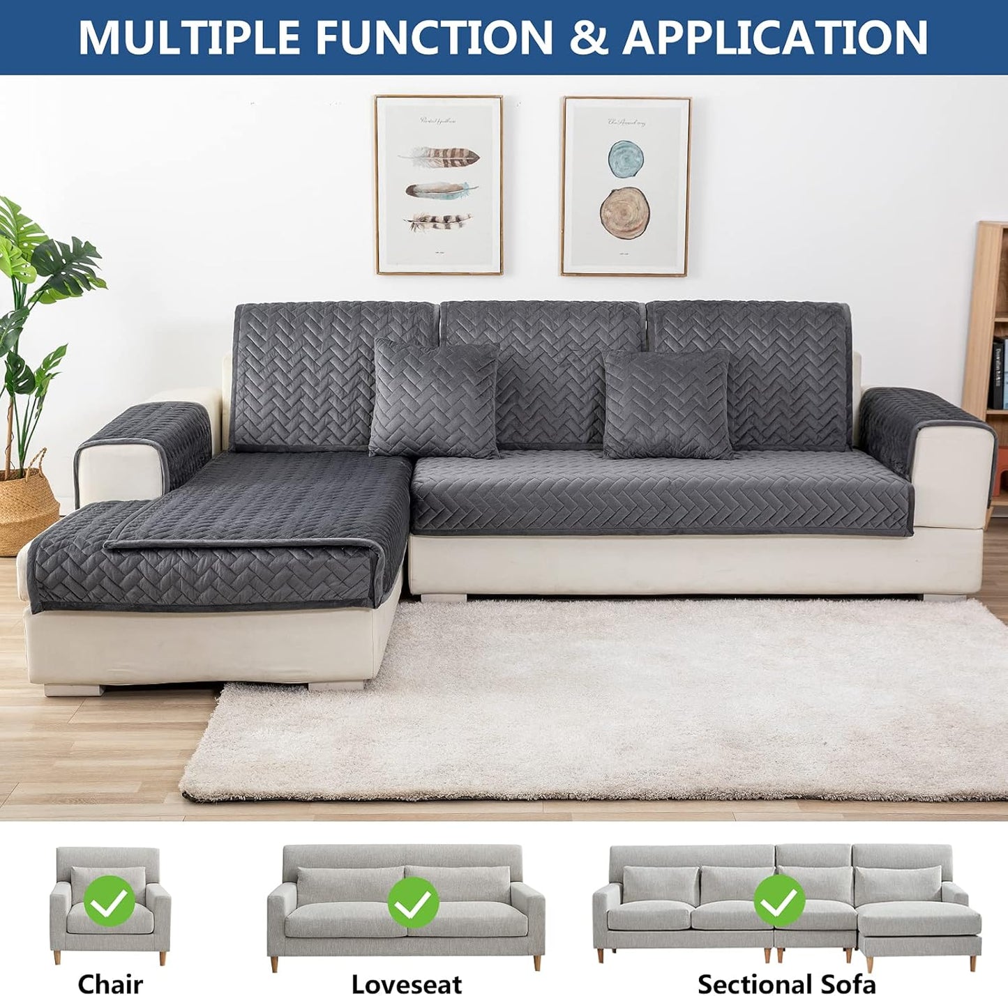Eismodra Couch Cover,Sectional Couch Covers,Sofa Covers for 3 Cushion Couch,Anti-Slip Sofa Slipcovers for Dogs Cats Kids Loveseat Recliner L Shaped Armrest Backrest,Dark Gray 43''x70''(Only 1 Piece)